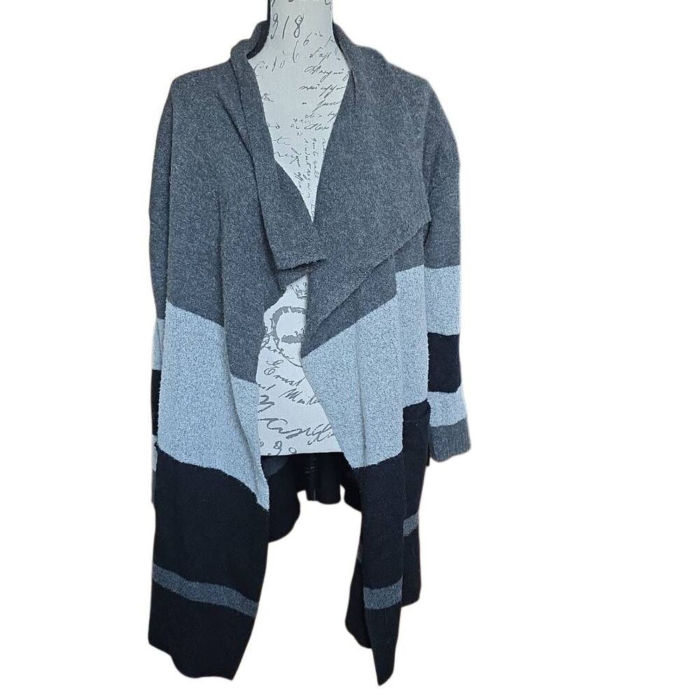 Mesh + Lace Women's Size Large Black Gray Striped Long Cardigan